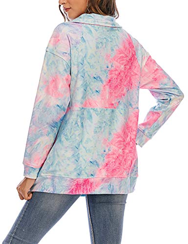 Nekosi - Sudadera de cuello alto para mujer, ligera, con media cremallera, cómoda, de manga larga, con cordón y bolsillos Tie Dye Rosa L