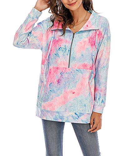Nekosi - Sudadera de cuello alto para mujer, ligera, con media cremallera, cómoda, de manga larga, con cordón y bolsillos Tie Dye Rosa L