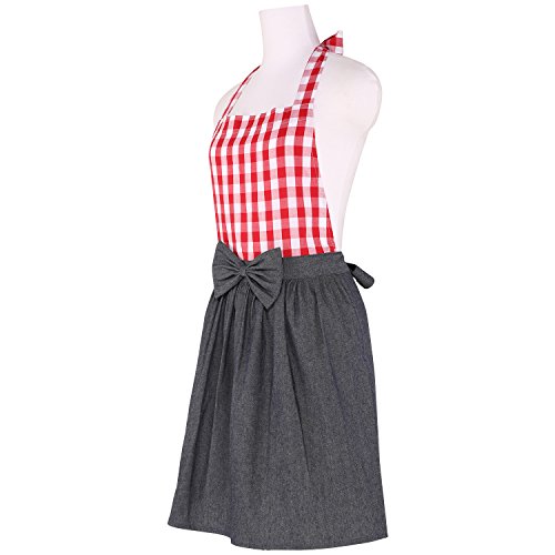 NEOVIVA Delantal de cocina vintage para mujer con bolsillos, delantal de camarera coqueto para tiendas, delantal de mezclilla para niñas estilo Tiffany, rojo a cuadros