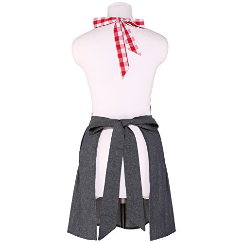 NEOVIVA Delantal de cocina vintage para mujer con bolsillos, delantal de camarera coqueto para tiendas, delantal de mezclilla para niñas estilo Tiffany, rojo a cuadros