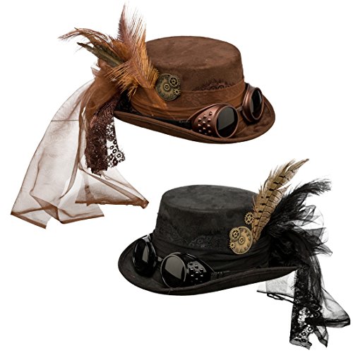 NET TOYS Sombrero Steampunk Sombrero de Copa gótico marrón Gorro Victoriano Complemento retrofuturista Look Retro Sombrero Accesorio Disfraz Punk