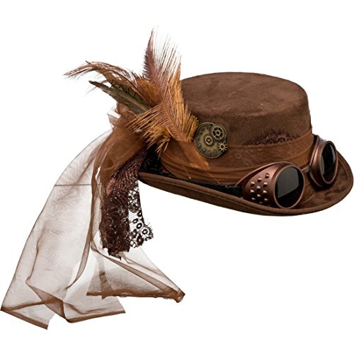 NET TOYS Sombrero Steampunk Sombrero de Copa gótico marrón Gorro Victoriano Complemento retrofuturista Look Retro Sombrero Accesorio Disfraz Punk