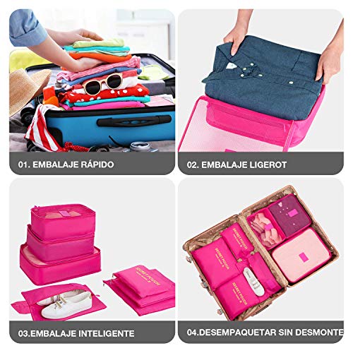 Newdora 7 en 1 Set de Organizador de Equipaje Viaje con Bolsa de Zapato,Impermeable Organizador de Maleta Bolsa para Ropa Sucia de Viaje, Portatrajes de Viaje, Material Nylon, Rosa
