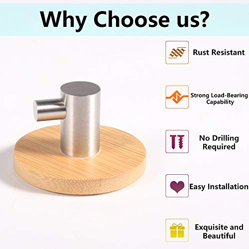 Newness 4 Piezas Ganchos Adhesivos, Toallero Perchero Pared de Cocina Baño, 304 Acero Inoxidable y Ganchos de Bambú del Robe, para Baño y Cocina, para Colgar Capa, Correa, Llaves (MAX 2.3KG)