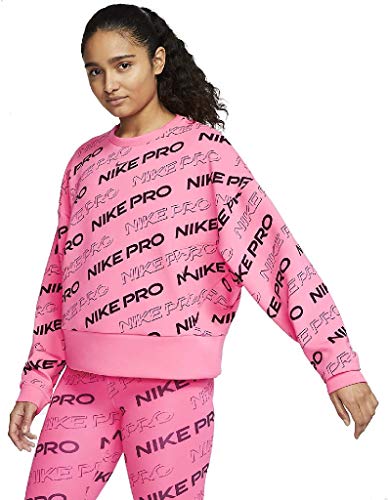 NIKE NP CLN Fleece Crew PRT - Sudadera para Mujer, Mujer, Sudadera para Mujer., CJ3588, Color Rosa y Plateado metálico., Medium