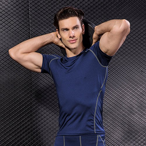 Niksa 2 Piezas Camisetas de Fitness Compresión Ropa Deportiva Manga Corta Hombre para Correr, Ejercicio,Gimnasio Negro Rojo+Azul Marino 1053(L)