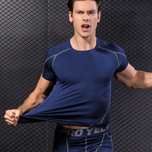 Niksa 2 Piezas Camisetas de Fitness Compresión Ropa Deportiva Manga Corta Hombre para Correr, Ejercicio,Gimnasio Negro Rojo+Azul Marino 1053(L)