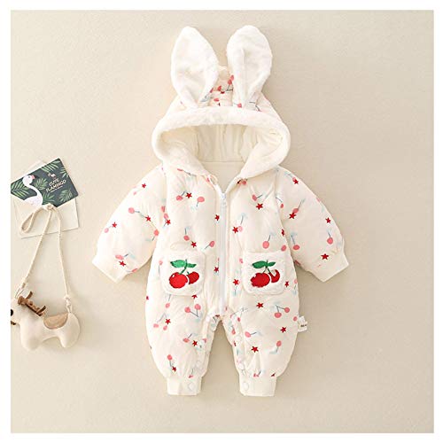 Niñas Mameluco con Capucha Invierno Traje de Nieve Algodón Mono Cálido Manga Larga Abrigo Patrón de Cereza para Bebés 3-6 meses Blanco