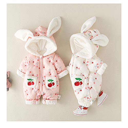 Niñas Mameluco con Capucha Invierno Traje de Nieve Algodón Mono Cálido Manga Larga Abrigo Patrón de Cereza para Bebés 3-6 meses Blanco