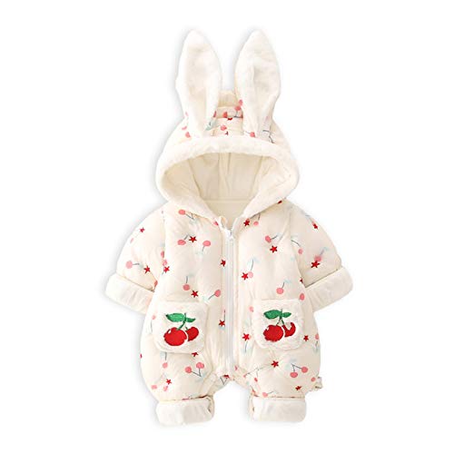 Niñas Mameluco con Capucha Invierno Traje de Nieve Algodón Mono Cálido Manga Larga Abrigo Patrón de Cereza para Bebés 3-6 meses Blanco