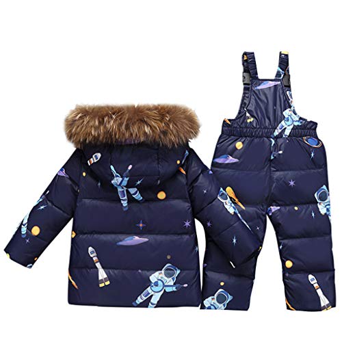 Niño Niña Conjunto de Esquí, Chaqueta con Capucha + Pantalón de Esquí Impermeable Traje de Nieve 2 Piezas Traje de Esquí Abrigos de Pluma Pantalones de Nieve de Babero, Azul Oscuro 18-24 MESI