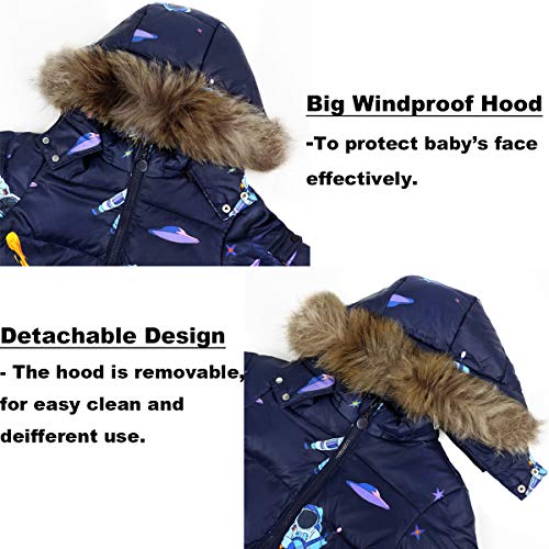 Niño Niña Conjunto de Esquí, Chaqueta con Capucha + Pantalón de Esquí Impermeable Traje de Nieve 2 Piezas Traje de Esquí Abrigos de Pluma Pantalones de Nieve de Babero, Azul Oscuro 18-24 MESI