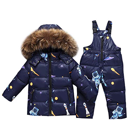 Niño Niña Conjunto de Esquí, Chaqueta con Capucha + Pantalón de Esquí Impermeable Traje de Nieve 2 Piezas Traje de Esquí Abrigos de Pluma Pantalones de Nieve de Babero, Azul Oscuro 18-24 MESI