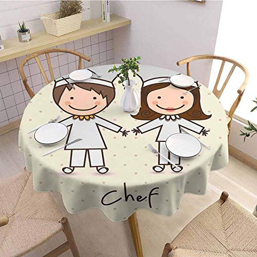 Niños elegante mantel redondo sombrero de chef y uniforme estilo vintage diseño con lunares retro niños tema regalos para mujeres diámetro 43 pulgadas azul pastel crema