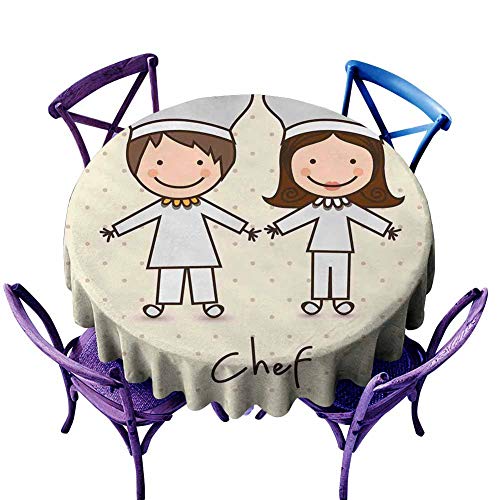 Niños elegante mantel redondo sombrero de chef y uniforme estilo vintage diseño con lunares retro niños tema regalos para mujeres diámetro 43 pulgadas azul pastel crema