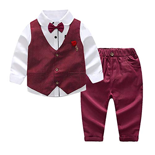 NiñOs NiñOs 4 Piezas Conjuntos de Ropa de OtoñO Camisas de Manga Larga + Chaleco + Pantalones Trajes de Fiesta para NiñOs PequeñOs Rojo 7-8 AñOs