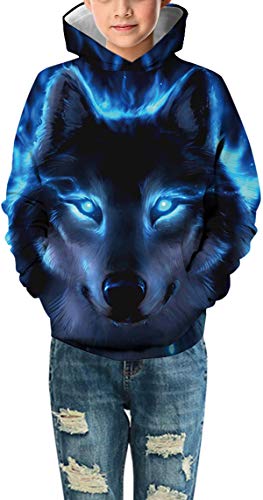 Niños Sudaderas con Capucha 3D Impreso Hoodies Sweatshirt Bolsillos de Mangas Largas (Fantasma de Lobo,11-12 años)