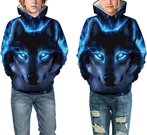Niños Sudaderas con Capucha 3D Impreso Hoodies Sweatshirt Bolsillos de Mangas Largas (Fantasma de Lobo,11-12 años)