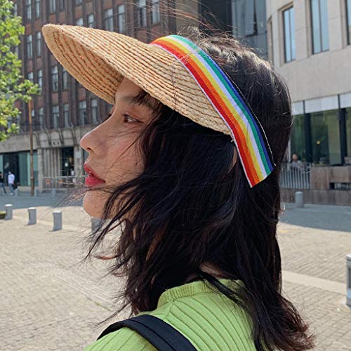 niumanery Sombrero de Visera de Paja de Rafia para Mujer, Tapa vacía, Protector Solar a Rayas arcoíris, Gorra con Visera marrón