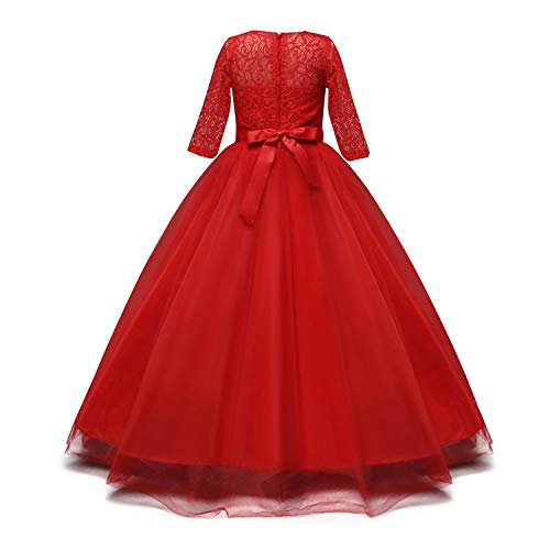 NNJXD Chicas Pompa Bordado Vestido de Bola Princesa Boda Vestir Talla(140) 8-9 años 378 Rojo-A