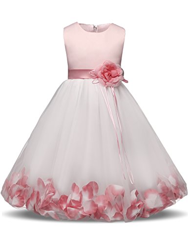 NNJXD Girl Flower Petal Bowknot Bautizo Vestido de Fiesta de la Dama de Honor de la Boda Talla (110) 3-4 años Rosa