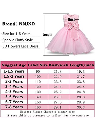 NNJXD Vestido de Fiesta de Princesa con Encaje de Flor de 3D sin Mangas para Niñas Talla(130) 4-5 Años Rosa