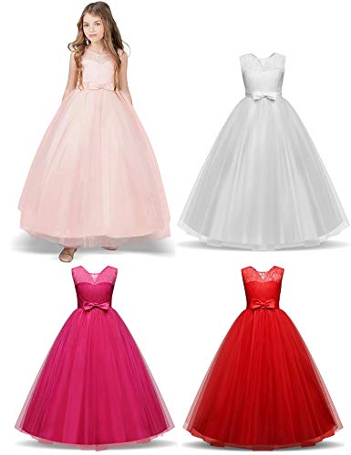 NNJXD Vestido de Fiesta de Tul de Encaje Falda de Princesa para Niñas Talla (130) 6-7 Años Rojo