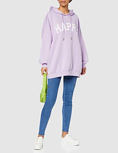Noisy May NMBERA L/S Loose Long Hoodie Sudadera con Capucha, Morado Pastel. Estampado: with Happy, S para Mujer