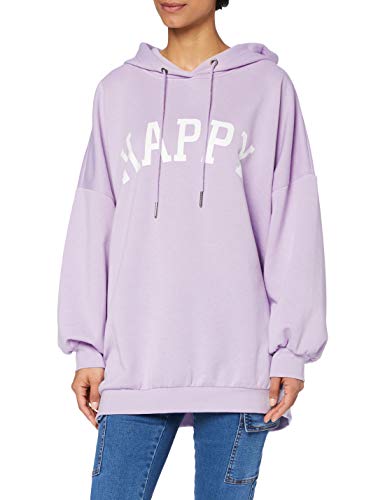 Noisy May NMBERA L/S Loose Long Hoodie Sudadera con Capucha, Morado Pastel. Estampado: with Happy, S para Mujer