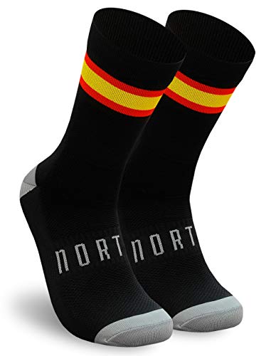 NORTEI - Calcetines Bandera España para Ciclismo, MTB y Running de Meryl para Hombre y Mujer – Spain – (L(43-45), Negro)