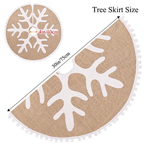 N&T NIETING Falda para árbol de Navidad de 75 cm, diseño rústico de copo de nieve blanco impreso y pequeños pompones con borde de arpillera para árbol de Navidad, 30 pulgadas