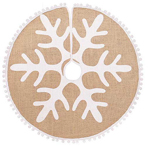 N&T NIETING Falda para árbol de Navidad de 75 cm, diseño rústico de copo de nieve blanco impreso y pequeños pompones con borde de arpillera para árbol de Navidad, 30 pulgadas