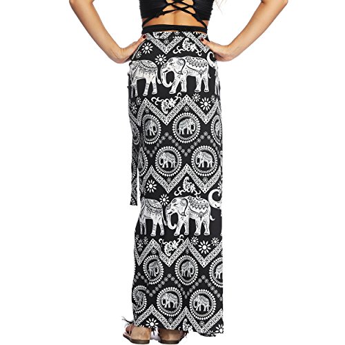 Nuofengkudu Mujer Falda Larga Hippie Gitana Amarra la Cintura Alta Boho Patrón De Estilo Tailandés Faldas de Playa Fiesta Casual Skirts Negro Elefante