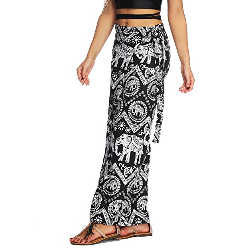 Nuofengkudu Mujer Falda Larga Hippie Gitana Amarra la Cintura Alta Boho Patrón De Estilo Tailandés Faldas de Playa Fiesta Casual Skirts Negro Elefante
