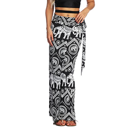 Nuofengkudu Mujer Falda Larga Hippie Gitana Amarra la Cintura Alta Boho Patrón De Estilo Tailandés Faldas de Playa Fiesta Casual Skirts Negro Elefante