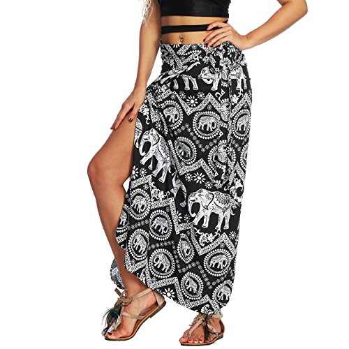 Nuofengkudu Mujer Falda Larga Hippie Gitana Amarra la Cintura Alta Boho Patrón De Estilo Tailandés Faldas de Playa Fiesta Casual Skirts Negro Elefante