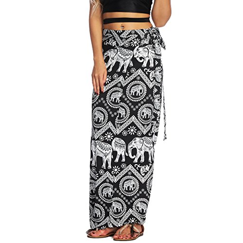 Nuofengkudu Mujer Falda Larga Hippie Gitana Amarra la Cintura Alta Boho Patrón De Estilo Tailandés Faldas de Playa Fiesta Casual Skirts Negro Elefante