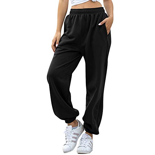 Nuofengkudu Mujer Harem Térmicos Jogging Pantalones Forro Polar con Bolsillos Elastica Cintura Alta Comodo Llanura Largos Pantalón Deportiva Jogger Pants Sweatpants Casual Ropa de Casa(Lana-Negro,S)