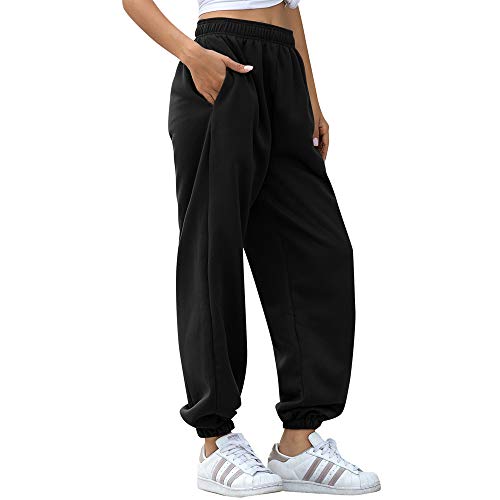 Nuofengkudu Mujer Harem Térmicos Jogging Pantalones Forro Polar con Bolsillos Elastica Cintura Alta Comodo Llanura Largos Pantalón Deportiva Jogger Pants Sweatpants Casual Ropa de Casa(Lana-Negro,S)