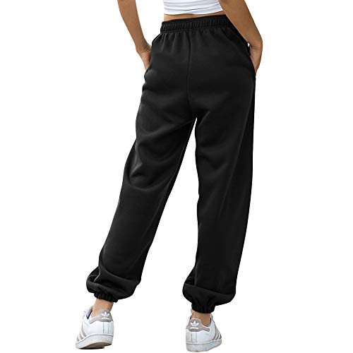 Nuofengkudu Mujer Harem Térmicos Jogging Pantalones Forro Polar con Bolsillos Elastica Cintura Alta Comodo Llanura Largos Pantalón Deportiva Jogger Pants Sweatpants Casual Ropa de Casa(Lana-Negro,S)
