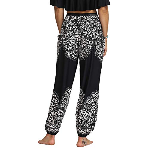 Nuofengkudu Mujer Hippies Pantalones Harem Tailandeses Boho Estampados Bolsillos Cintura Alta Baggy Yoga Pants Verano Playa Fiesta (Negro C,Talla única)