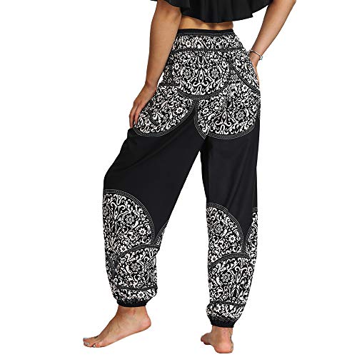 Nuofengkudu Mujer Hippies Pantalones Harem Tailandeses Boho Estampados Bolsillos Cintura Alta Baggy Yoga Pants Verano Playa Fiesta (Negro C,Talla única)