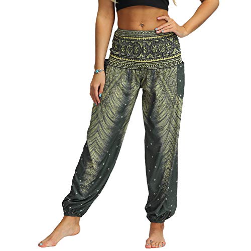 Nuofengkudu Mujer Hippies Pantalones Harem Tailandeses Boho Estampados Bolsillos Cintura Alta Baggy Yoga Pants Verano Playa Fiesta (Verde B,Talla única)