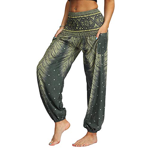 Nuofengkudu Mujer Hippies Pantalones Harem Tailandeses Boho Estampados Bolsillos Cintura Alta Baggy Yoga Pants Verano Playa Fiesta (Verde B,Talla única)