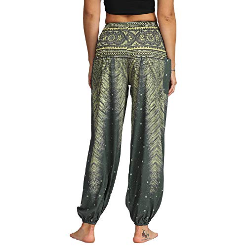 Nuofengkudu Mujer Hippies Pantalones Harem Tailandeses Boho Estampados Bolsillos Cintura Alta Baggy Yoga Pants Verano Playa Fiesta (Verde C,Talla única)