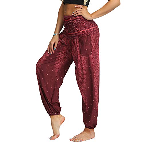 Nuofengkudu Mujer Hippies Pantalones Harem Tailandeses Boho Estampados Bolsillos Cintura Alta Baggy Yoga Pants Verano Playa Fiesta (Vino Tinto,Talla única)