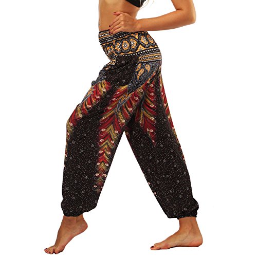 Nuofengkudu Mujer Pantalones Hippies Tailandeses Estampado Verano Cintura Alta Elastica con Bolsillos para Yoga Casual Negro Pavo