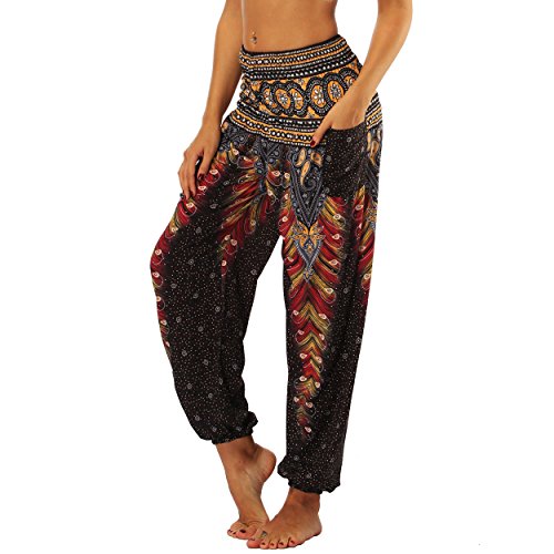 Nuofengkudu Mujer Pantalones Hippies Tailandeses Estampado Verano Cintura Alta Elastica con Bolsillos para Yoga Casual Negro Pavo