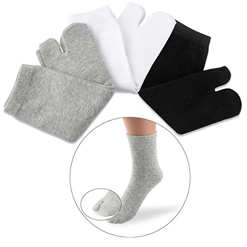 NUOLUX 3 pares de calcetines Tabi de dedo de algodón y elásticos para mujeres y hombres (blanco + gris + negro)