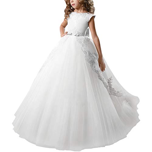 OBEEII Niñas Vestidos de Comunión sin Mangas Encaje Apliques Elegantes Princesa Vestidos de Fiesta Boda Noche Ceremonia Gala Pageant Cóctel Prom para Chicas 8-9 Años